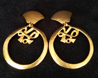 KARL LAGERFELD Big Bold Gold Designer Earrings Runway Fashion Designer Round Hoops W/Fan Clip On's For New Years Bash Luxury High Fashion