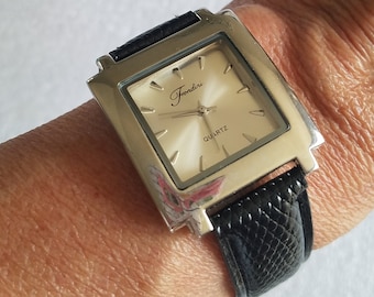 Vintage Fondini Quartz Black N Silver Tank Ladies Watch
