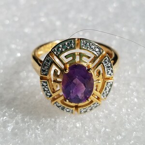 Marvelous Vermeil Cocktail Ring in Greek Pattern W/Tiny Diamonds N Prong Set Purple Amethyst Gift for Her