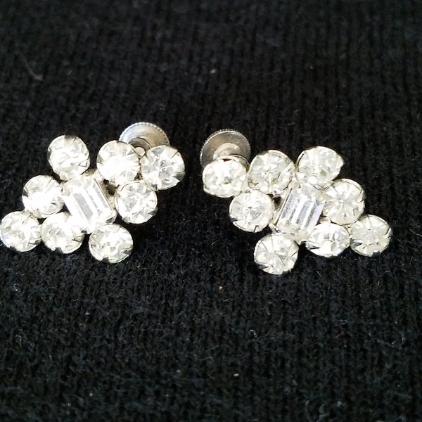 Price Drop 1950's "Garne" Bridal Pair Of Signed Rhodium Plated W/Handset Clear Stones Skewback Earrings