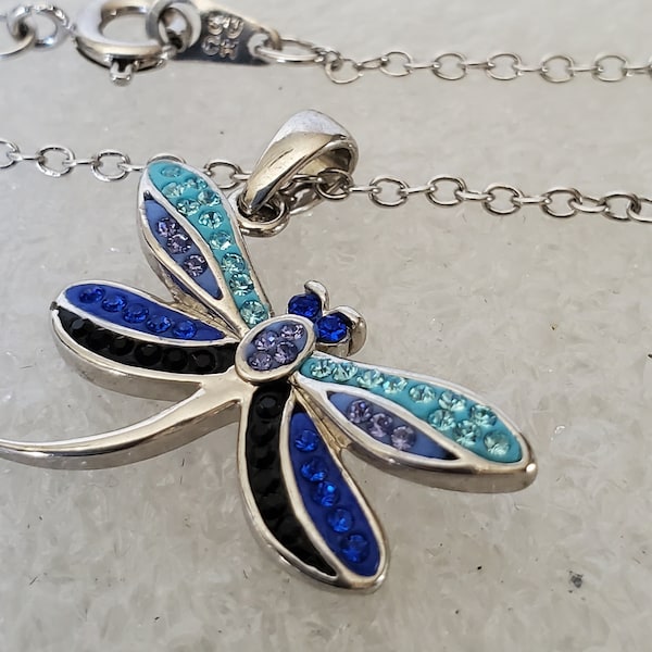 Vtg Blue Signed SU GH Dragonfly Pendant Necklace With Pasted Small Dark And Light Rhinestones Dragonfly Jewelry Gift For Her