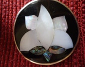 SALE Vintage Inlaid Mother of Pearl Brooch Pendant, Silver Plated Round Inlaid MOP Flower Pin and Necklace, Inlay Nautical Jewelry