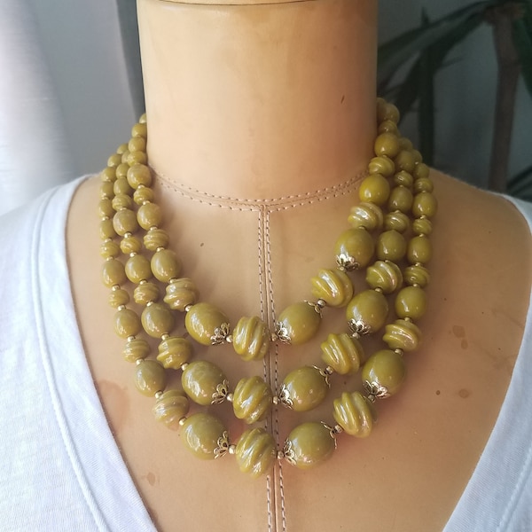 Vintage Triple Layered "Hong Kong" Graduated Olive Beaded Necklace Cascading Ball Beaded Bib