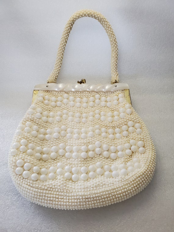 1960's Pearlized White Lucite Beaded Purse Made i… - image 7