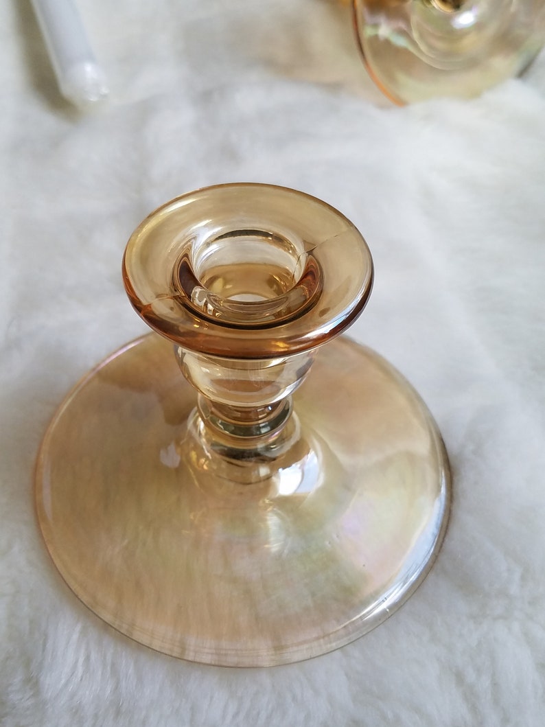 Vintage Depression Yellow Glass Candle Holders Iridescent Etsy