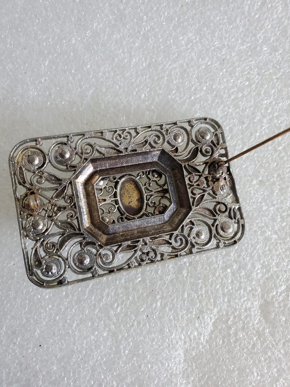 Vintage Silver Tone Rectangular Brooch W/Purple B… - image 7