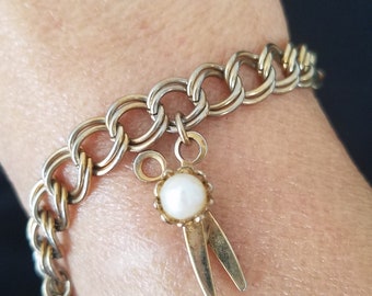Price Drop 1950&#39;s Gold Tone Charm Bracelet, Genuine Beige Pearls, Scissors, Spinning Wheel, Ladder, Chair, 4 Charms