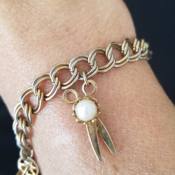 1950's Gold Tone Charm Bracelet, Genuine Beige Pearls, Scissors, Spinning Wheel, Ladder, Chair, 4 Charms, Double Link Chain, Box Clasp, Cute