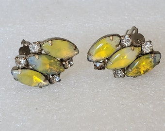 1950's Yellow Marquis & 4 Chaton Clear Hand-Set Stone Clip On's For Summer Wedding