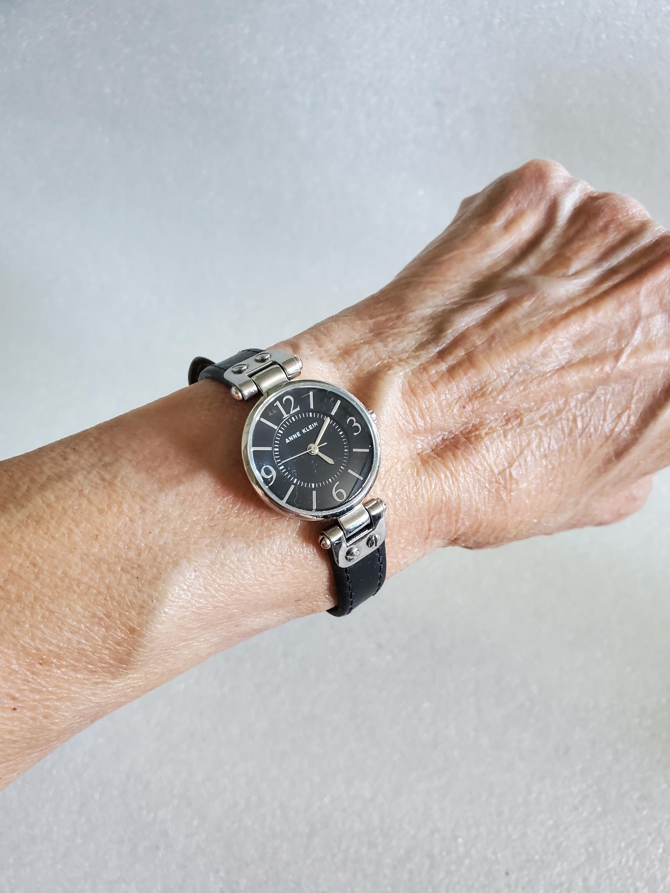 Vintage Anne Klein Black Leather Watch: Silver Bezel, New Battery