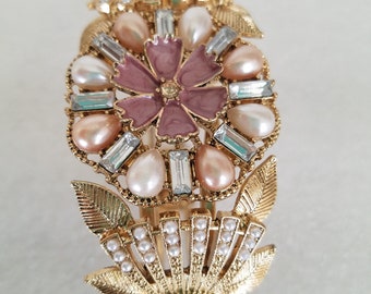 Price Drop Chunky Multi-Color Clamper Bracelet W/Flower Design & Pasted Jewels Nice Gift For Her