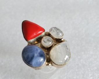 Chunky Multi-Stone Unisex Ring Crafted on Sterling Silver & Genuine Gemstones Size 9