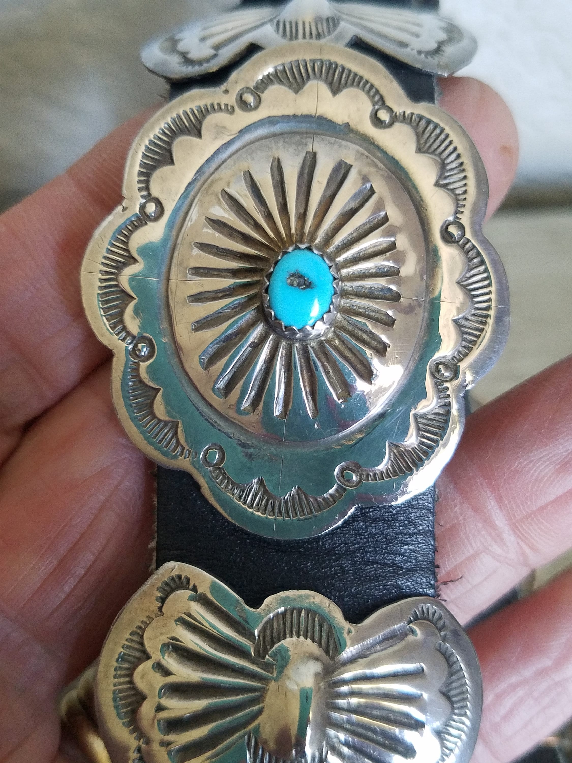 1940s Navajo Sterling Silver Stamped Concho Belt: Sleeping Beauty