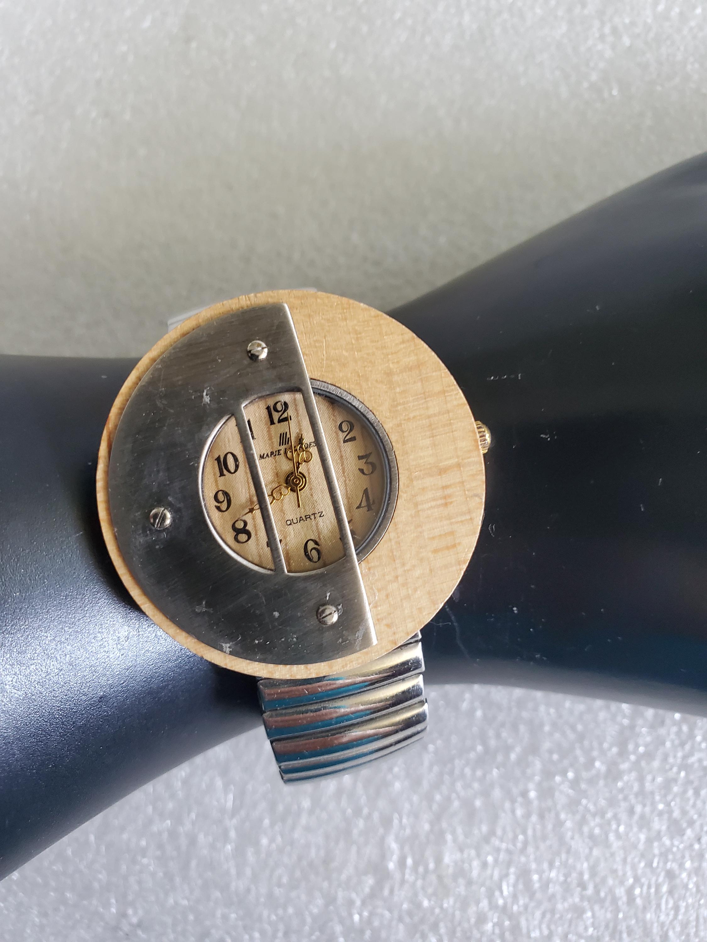Vintage Marie Lourdes Quartz Watch: Chunky Round Wood Bezel 