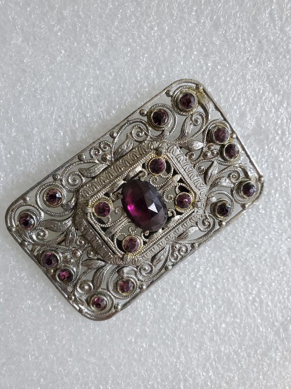 Vintage Silver Tone Rectangular Brooch W/Purple B… - image 16