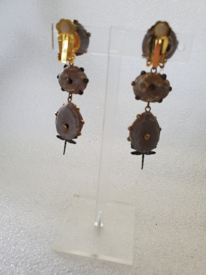 Vintage Designer Richard Minadeo 3-Tier Dangle N Drop Clip Earrings W/ Dragonflies & Carnelian Stones Nice Gift For Her image 4