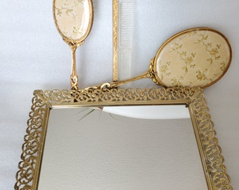 Vintage Gold Tone 4- Piece Vanity Set Includes Mirrored Tray, Hand Mirror, Brush, Comb W/Gold Embroidered Cloth Gift For Her