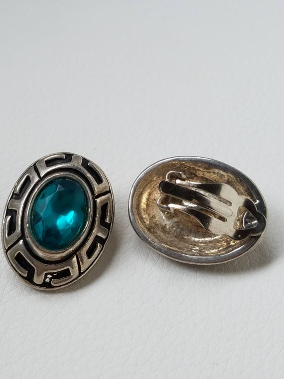 Vintage Sterling Silver Oval Green Glass Earrings,