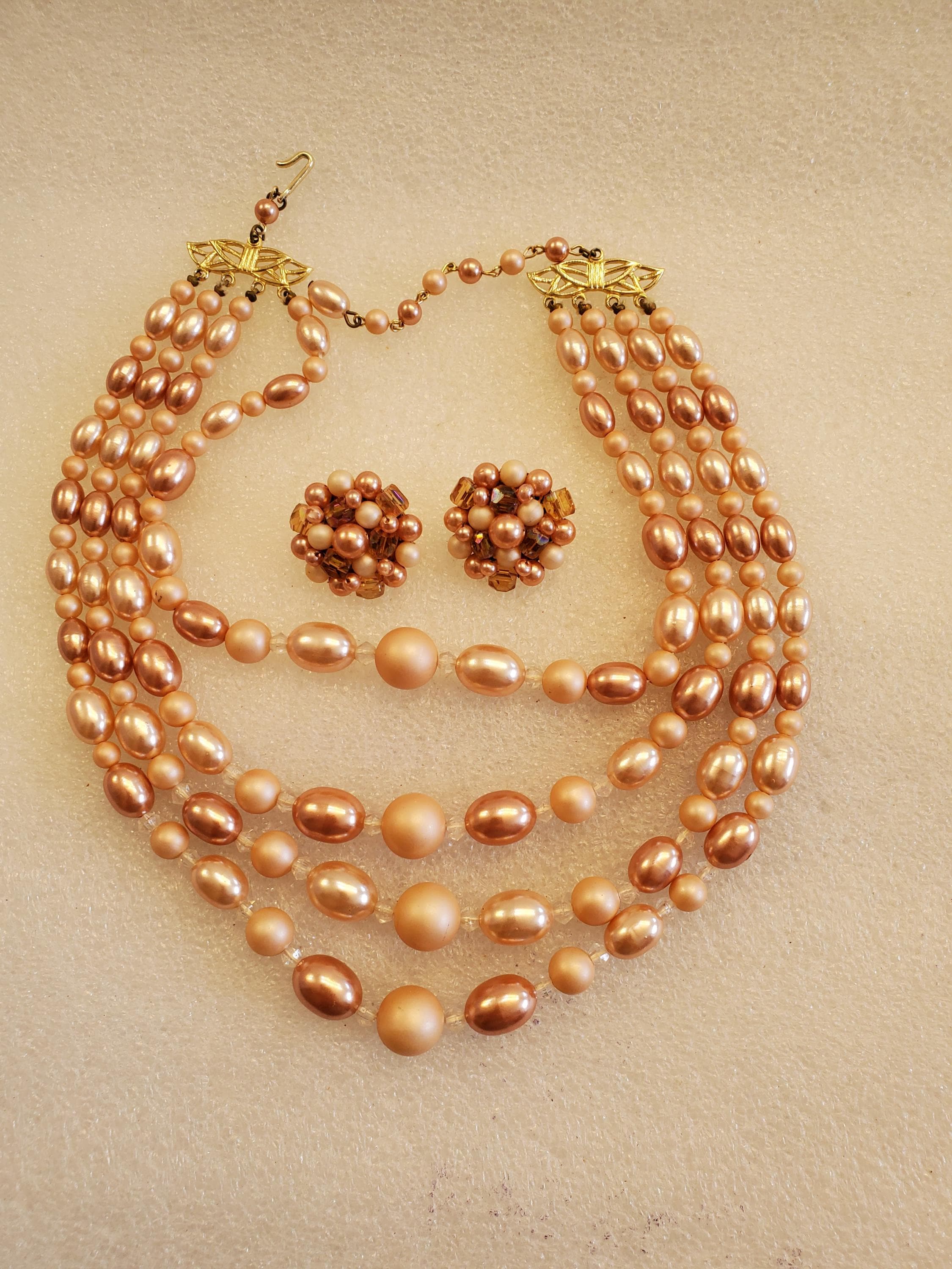 Vintage Japan 1950's 4 Strand Peach & Champagne Colored Beaded Necklace W/Matching Earrings Gift For Mom
