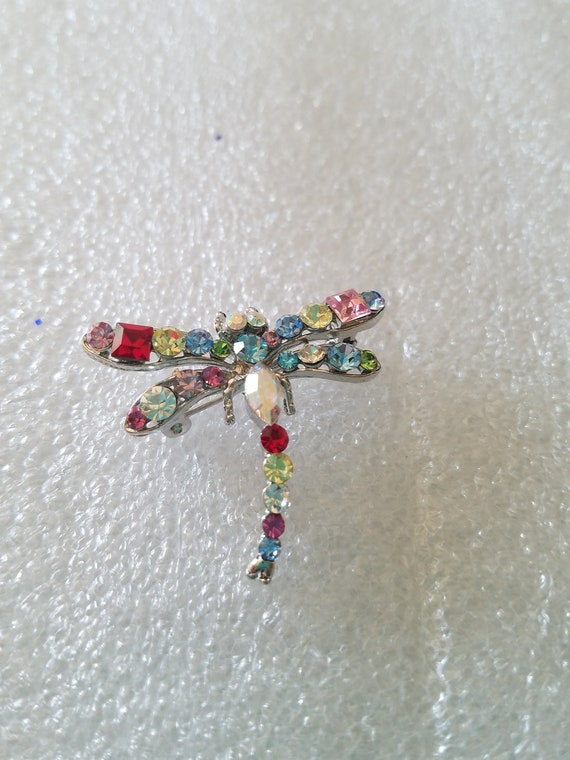 Vintage Dragonfly In Silver Tone Setting With Col… - image 1