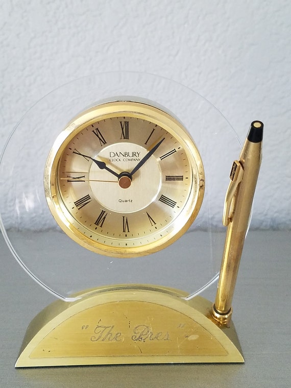 Vintage Gold Tone Metal Danbury Desk Clock & 10K Gold Filled Pen