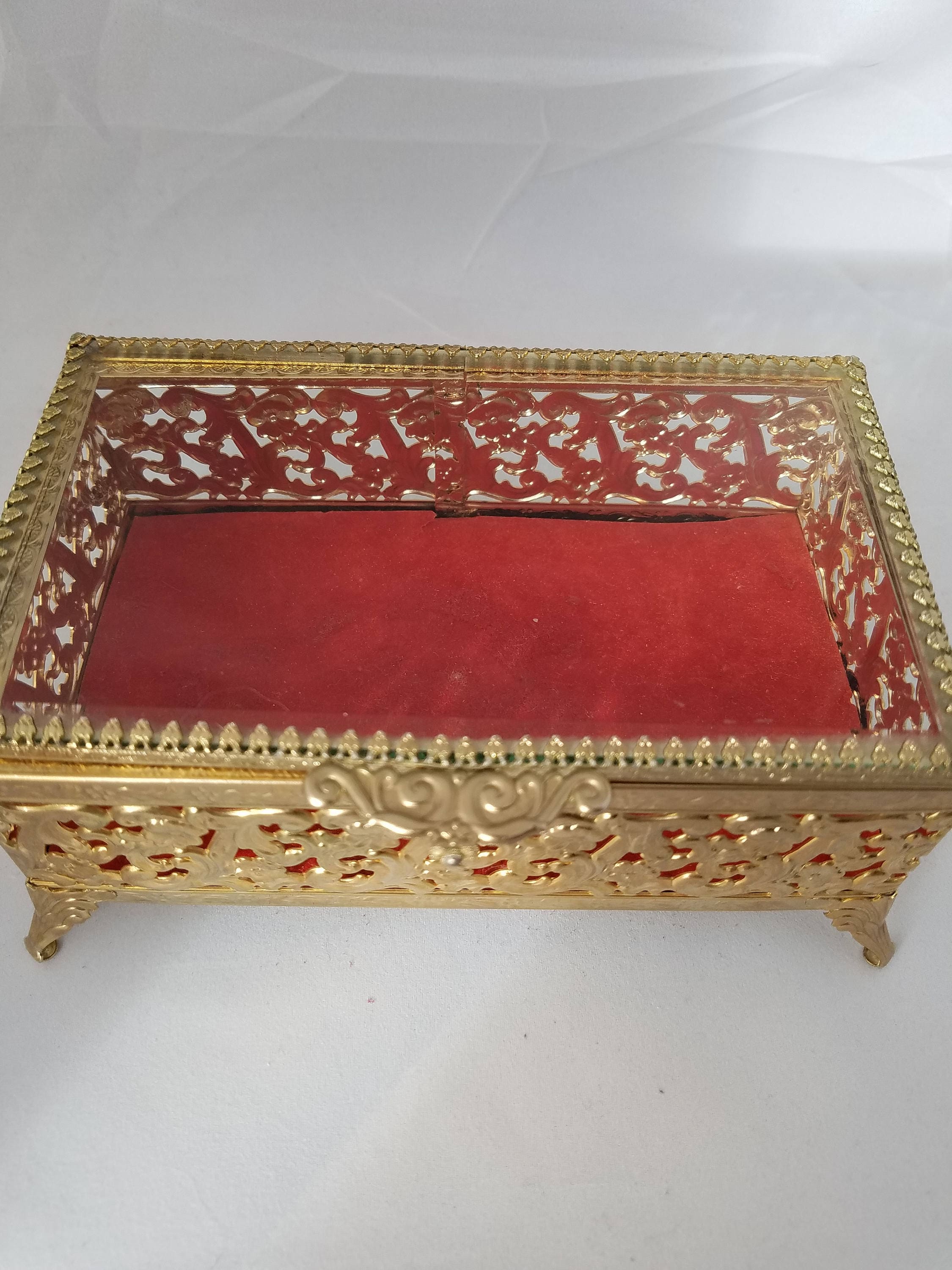 Vintage Gold ~ Brass Glass Jewelry Box, 1950's Brass Floral Jewelry Box  with Glass Top and Glass Interior, Vintage Jewelry storage