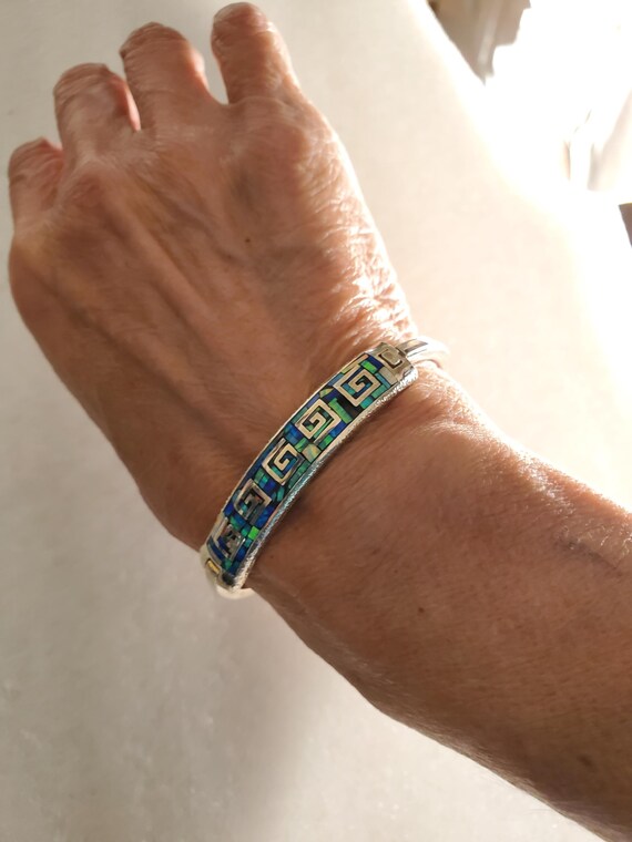 Vintage Mexico 925 Sterling Opal Inlay Bangle: Greek Design Unisex