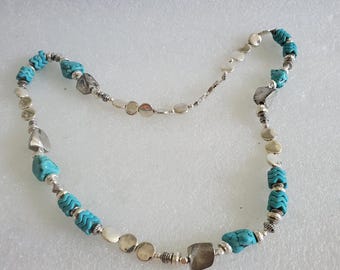 Artisan Made Statement Beaded Necklace: Silver Tone Elements & Howlite Teal Beads