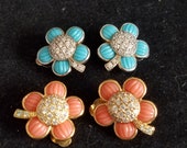 Vintage Blue or Peach Flower Clip On Earrings, Signed 925 Z, Clear Rhinestone Center, Wedding, Each Sold Separately, Dainty Gorgeous, Mod