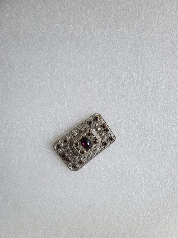 Vintage Silver Tone Rectangular Brooch W/Purple B… - image 15