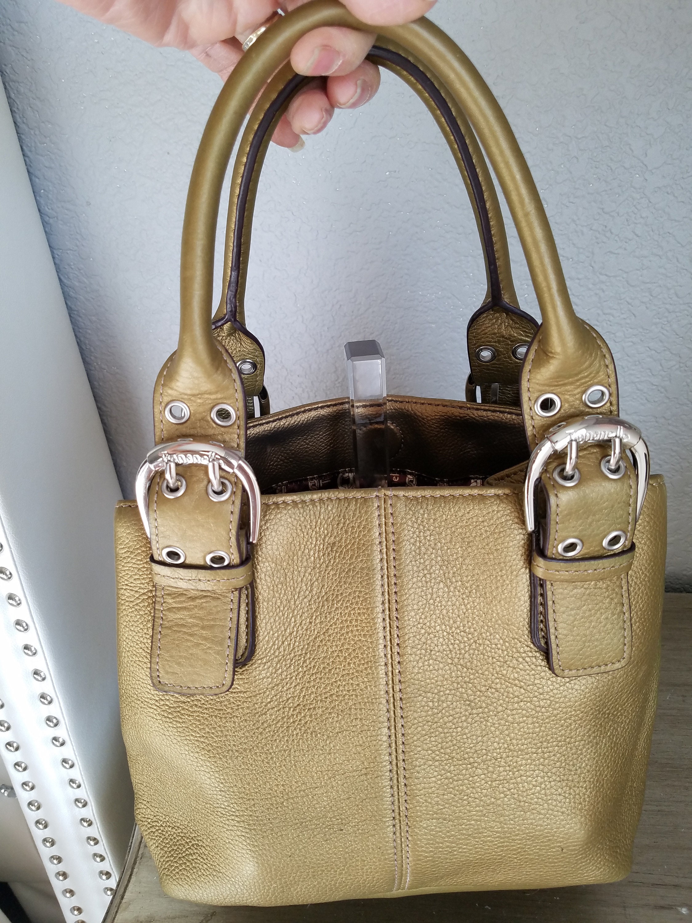 Designer Tignanello Pebbled Genuine Gold Leather And Silver Hardware Wrist Handle Satchel Etsy Schweiz