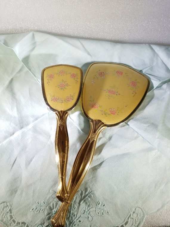 Vintage 2-piece Gold Art Nouveau Vanity Brush & Mirror  display picture 2