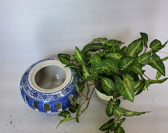 Vintage Upcycled Chinese Decorative Glazed Round Holder W/ Green Fake Plant For Home Decor