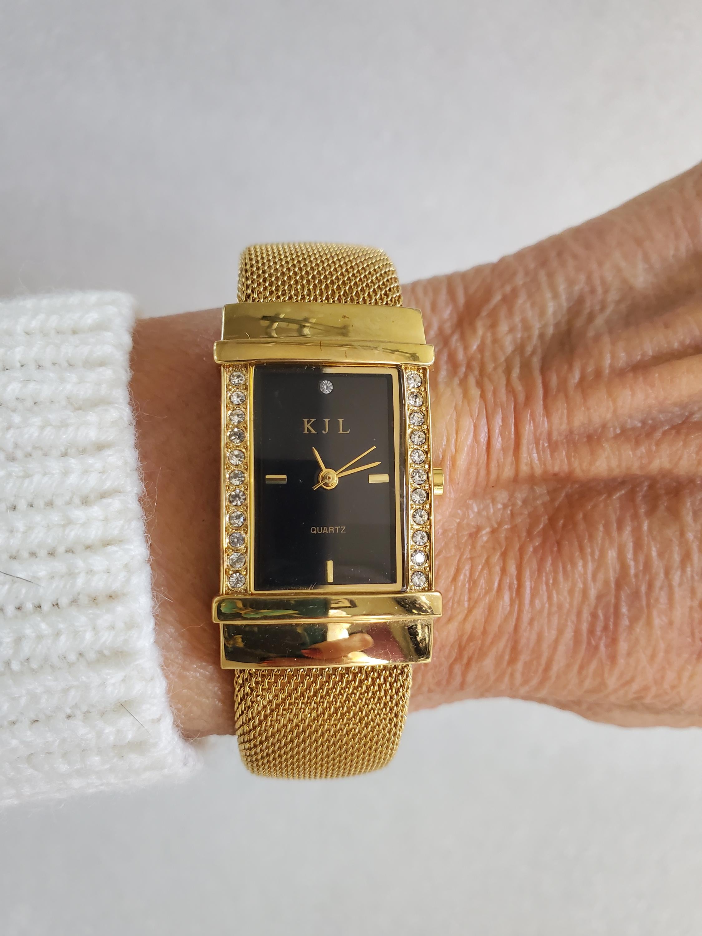Black and Gold Vintage KJL Watch Kenneth J Lane KJL Gold Tone Watch Change Black Bead & Faux  main image 4