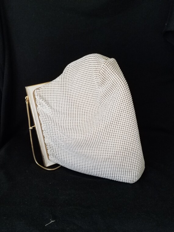 Vintage Whiting & Davis White Mesh Evening Bag, Snake Chain, Kiss