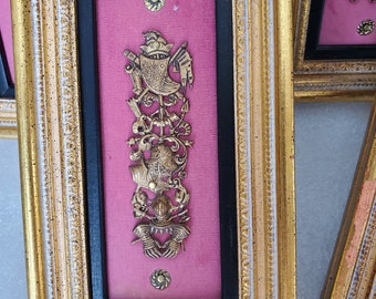 Vintage Heraldic Emblems & Shields W/Intricate Details On Gilded Wood Frames Set of 4 For Gallery Wall In Men's Cave