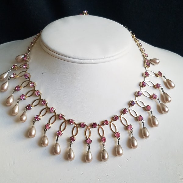 Kramer Beige Pearl & Pink Rhinestone Bib Necklace For Bride Jewelry Designer Cleopatra Style Bib Necklace Gift For Mom