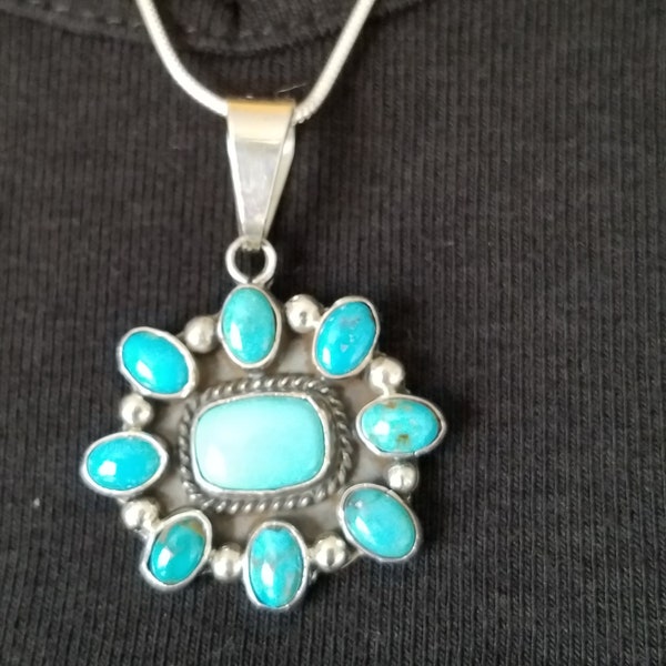 Vintage Signed "Emma Lincoln" Turquoise & Sterling Pendant Necklace With Sleeping Beauty Turquoise Navajo Jewelry