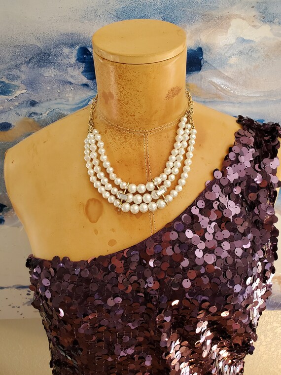 1980's Triple Strand Faux Glass Pearls Adjustable 