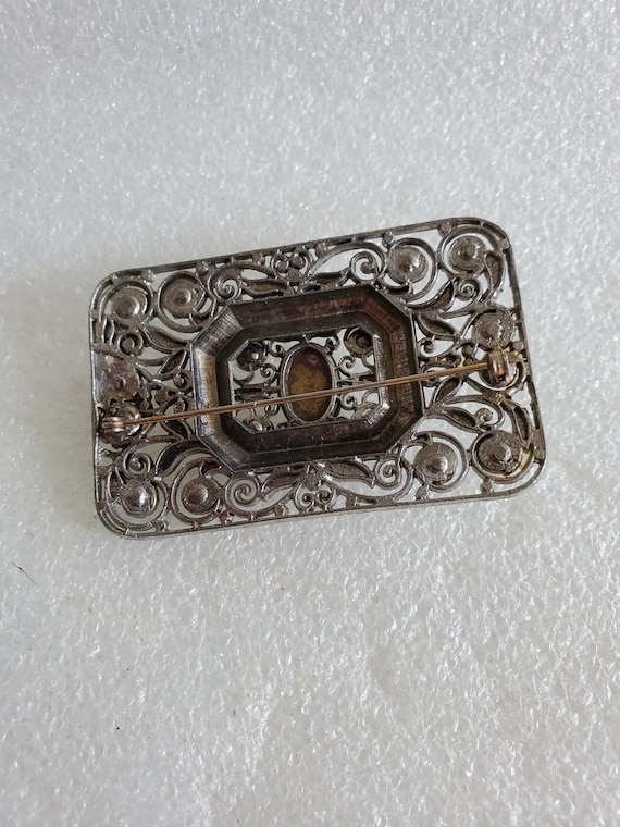 Vintage Silver Tone Rectangular Brooch W/Purple B… - image 3