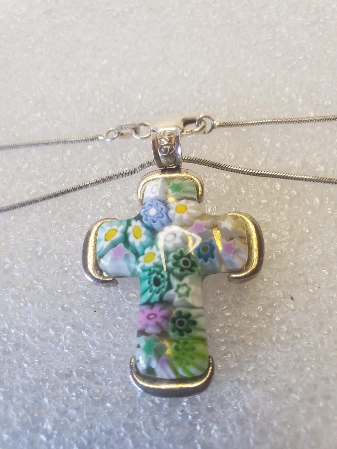 Authentic Murano Glass Green Millefiori Cross Pendant - Handmade In Venice, Italy With Velvet Pouch - View #5