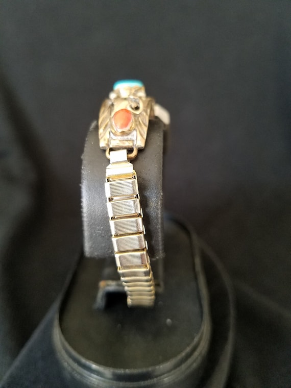 Southwestern Navajo Sterling Silver Watch: Turquoise & Coral  display picture 3