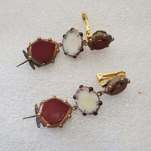 Vintage Designer Richard Minadeo 3-Tier Dangle N Drop Clip Earrings W/ Dragonflies & Carnelian Stones Nice Gift For Her image 8