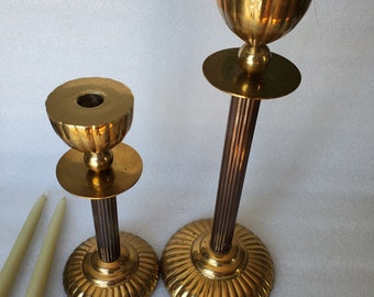 Mid-Century Modern 14" & 10.5" Pair of Brass Ribbed Candlestick Holders For Tapered Candles