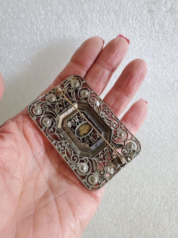 Vintage Silver Tone Rectangular Brooch W/Purple B… - image 6