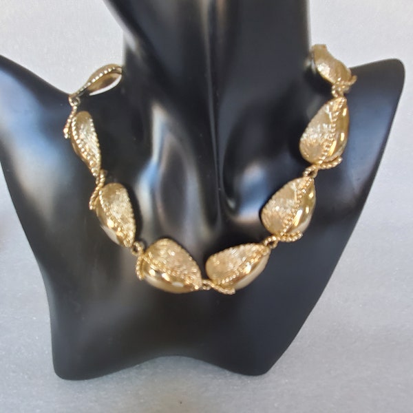 Price Drop 1950's Large Gold Tone MONET Choker Smooth & Textured Large Concave Leaf Bezels Gift for Her