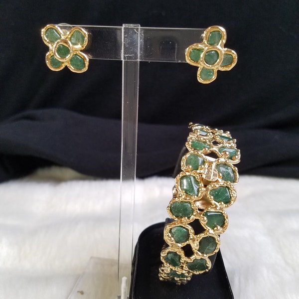 Brutalist Bracelet In 10K YG & Green Peridot-Olivine Stone Cuff and Earrings Made In Mexico