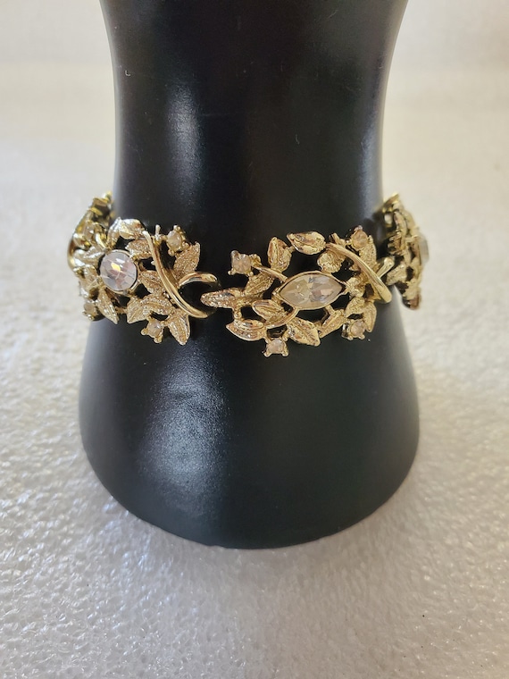 1950's Coro Gold Tone Panel Bracelet W/Clear Rhin… - image 1