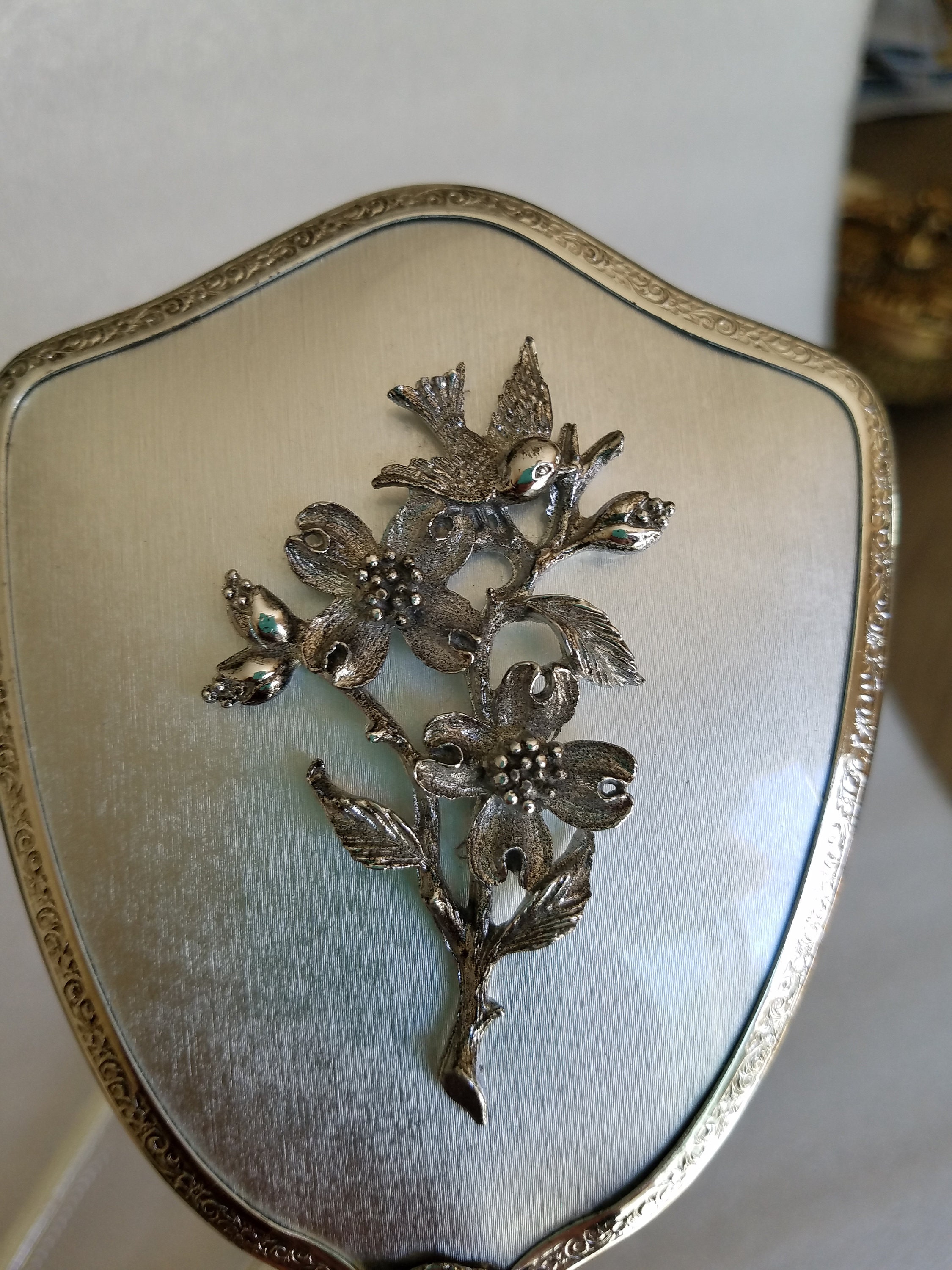 New But Vintage Matson Silver Vanity Set: Dogwood & Bird Hollywood