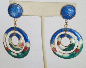 1980's Blue Cloisonne Gold-Plated Stud Dangle N Drop Concentric Circle Shaped Earrings